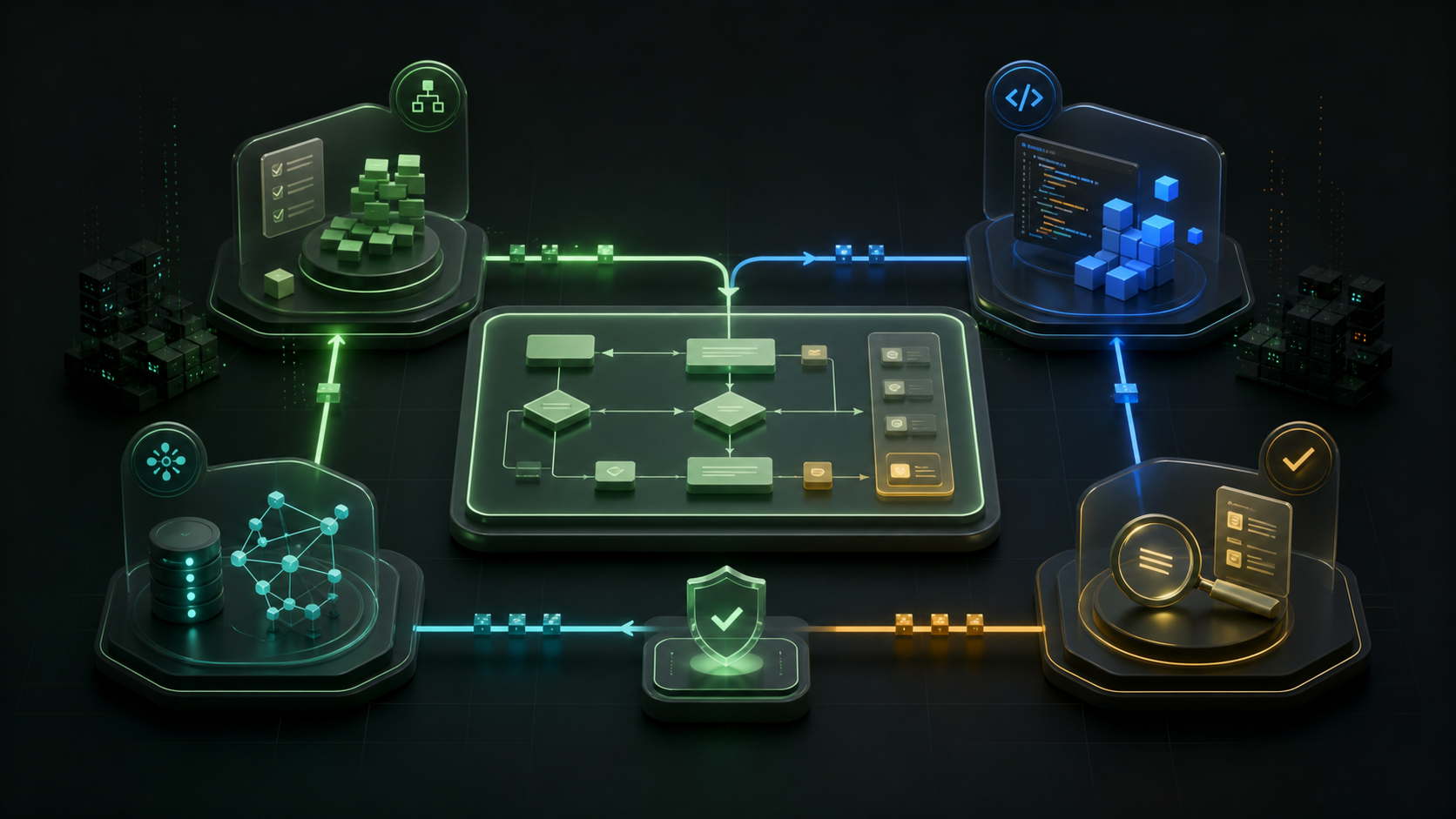 Illustrated workflow board connecting planning, building, review, and reusable project memory
